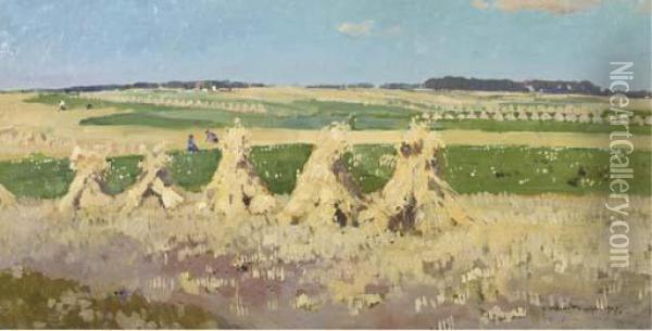 Cornsheaves On A Summer's Day Oil Painting - Cornelis Vreedenburgh