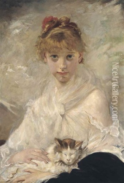 Young Lady With A Cat Oil Painting - Charles Joshua Chaplin