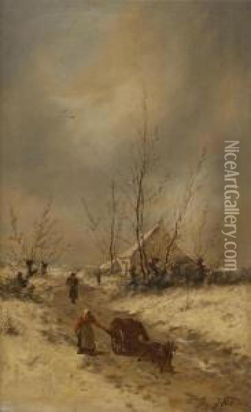 Chariot Attele A Un Chien Dans Un Paysage Enneige Oil Painting - James John Hill