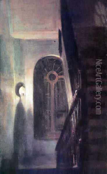 Stair hall lighting at night Oil Painting - Adolph von Menzel