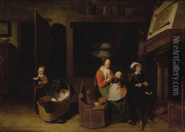 An Interior Scene With An Artist And His Family Oil Painting - Quiringh Gerritsz van Brekelenkam