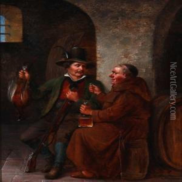 A Hunter And A Monk Makes A Deal Oil Painting - Christian Andreas Schleisner