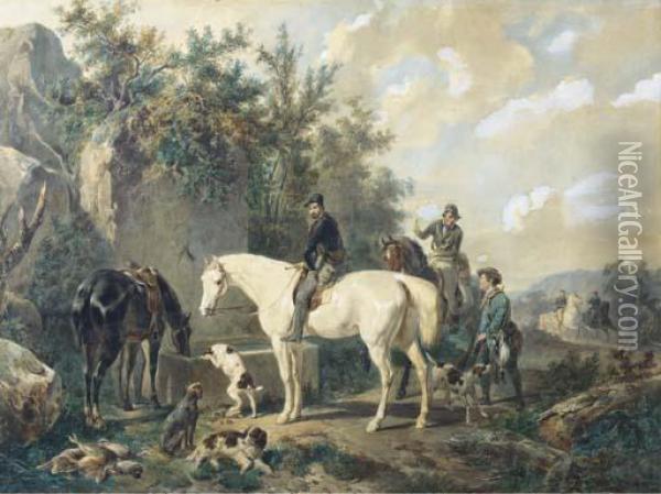Taking A Break: Horses Watering After A Hunt Oil Painting - Wouterus Verschuur