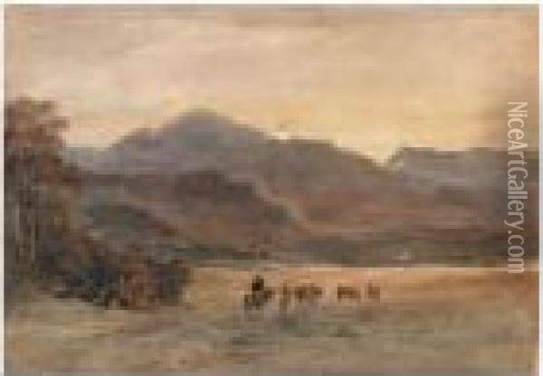 Ullswater; Cattle In A Hillside Meadow Oil Painting - David Cox