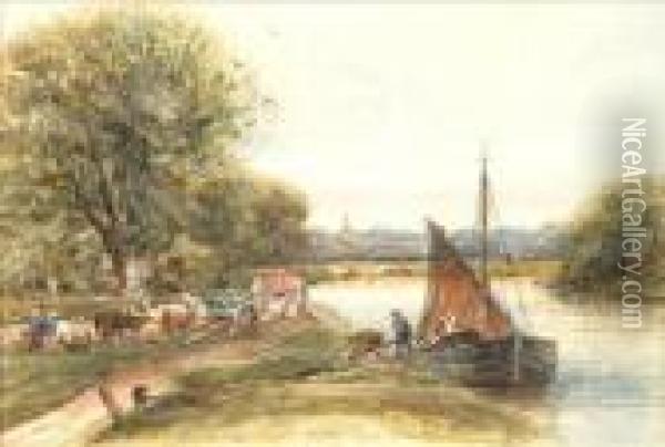 Canal Scene, Burton Joyce, Near Nottingham Oil Painting - James Orrock