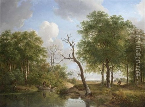 A Woodland Pond With Fishermen In A Rowing Boat Oil Painting - Andreas Schelfhout