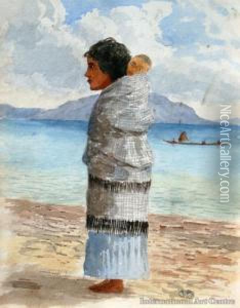 Maori Woman & Child, Lakeside Oil Painting - Thomas Darby Ryan