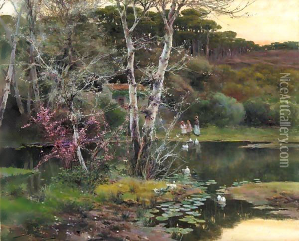 Cerca Del Estanque (By The Lake) Oil Painting - Manuel Garcia y Rodriguez