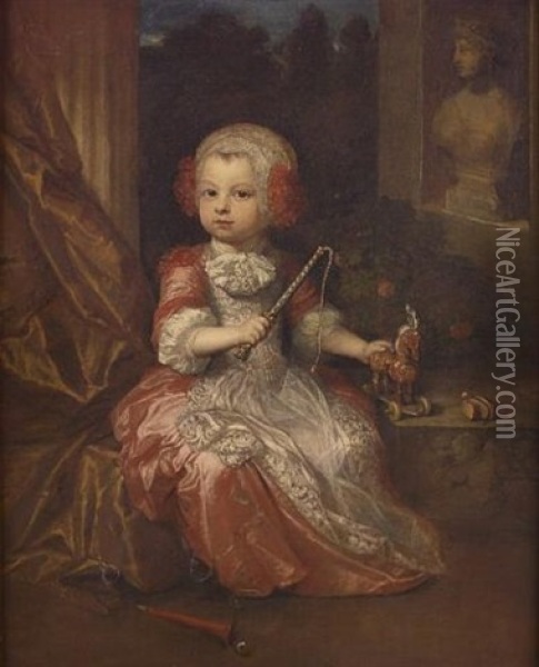 Portrait Of A Young Boy, In A Salmon Coloured Gown With A Lace Trimmed Apron, And A Lace Bonnet, Holding A Crop And A Toy Horse, By A Partially Draped Column, A View To A Garden Beyond Oil Painting - Constantyn Netscher