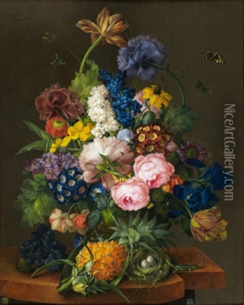 Bouquet De Fleurs, Ananas Et Nid Sur Un Entablement Oil Painting - Franz Xaver Petter