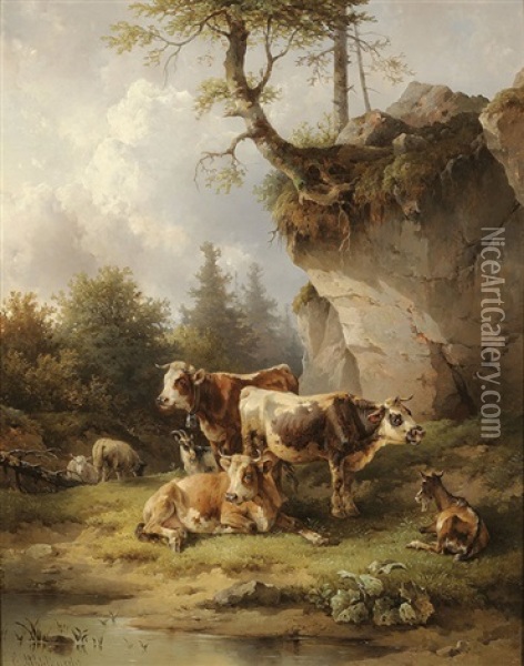 Cows, Goats And Sheep By A Brook Oil Painting - Edmund Mahlknecht