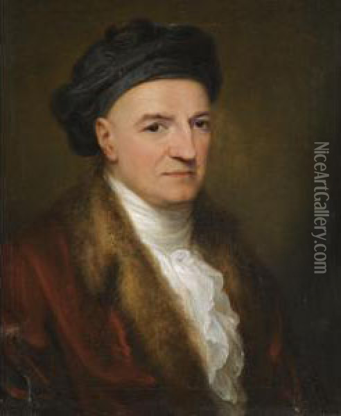Portrait Of Giovanni Volpato 
(1735-1803), Half Length, Wearing A Red Fur-lined Jacket And Black Hat Oil Painting - Angelica Kauffmann