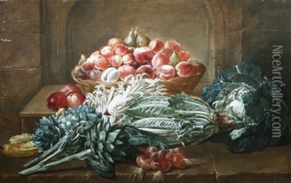 Still Life Of A Cabbage, Artichokes, Fennel, Apples, Marrows And A Basket Of Peaches And Figs On A Table Oil Painting - Jan Jakob (Jean Jacques) Spoede