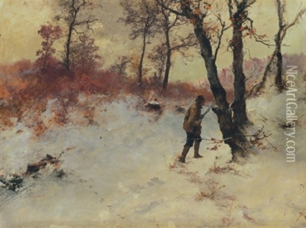 Hunter In Winter Forest Oil Painting - Antal (Laszlo) Neogrady