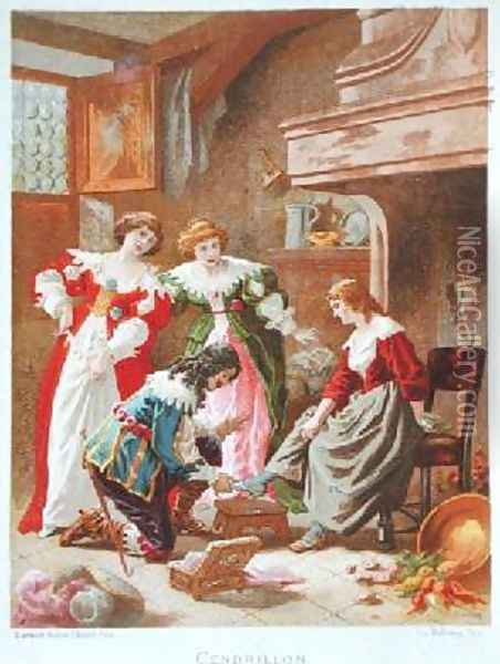 Cinderella Trying on the Glass Slipper Oil Painting - Frederic-Theodore Lix