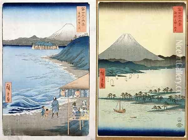 Mountains and coastline two views from 36 Views of Mount Fuji Oil Painting - Utagawa or Ando Hiroshige