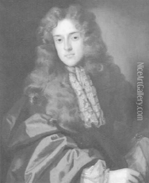 Portrait Of A Gentleman (john Wilmot, 2nd Earl Of Rochester?), In Full Wig, Lace Stock And Brown Coat Oil Painting - John Greenhill