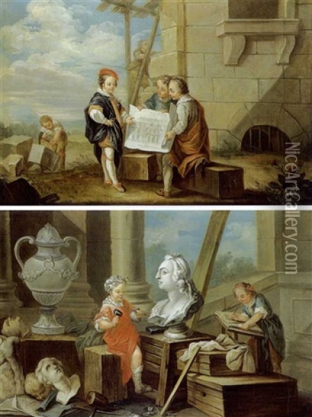 Allegorie De L'architecture (+ Allegorie De La Sculpture; Pair) Oil Painting - Carle van Loo