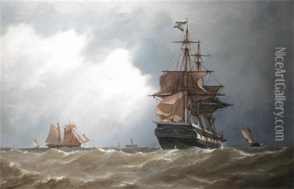 Sailing Ships At Sea Oil Painting - Richard Henry Nibbs