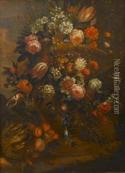A Still Life Of Roses, Tulips, 
Carnations, Narcissi And Other Flowers In A Stone Urn With A Melon, 
Peaches, Pear, Pomegranate, A Butterfly, A Snail And A Goldfinch Oil Painting - Jan-baptist Bosschaert
