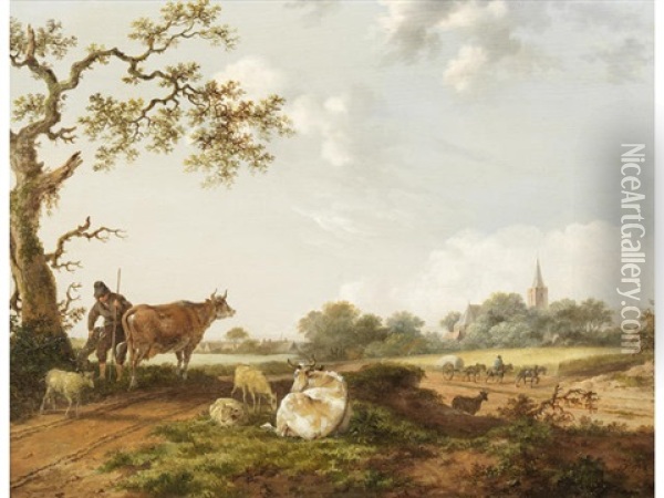 A Drover Resting With His Flock On A Country Path Oil Painting - Fredericus Theodorus Renard