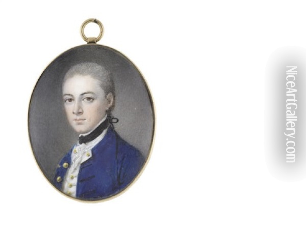 A Midshipman, Wearing Blue Coat, White Waistcoat, Frilled Lace Chemise And Black Stock, His Hair Powdered And Tied With Black Ribbon Oil Painting - Samuel Andrews