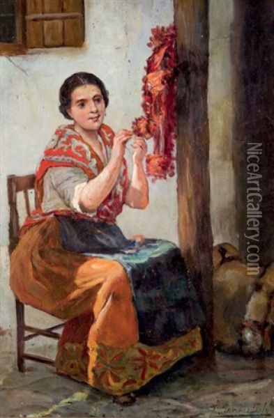 Joven Bordadora Oil Painting - Eduardo Sanchez Sola