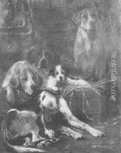 Hounds With A Terrier In A Barn Oil Painting - John Emms