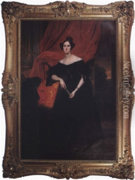 Portrait Of A Woman Wearing A Black Satin And Lace Gown Against A Red Velvet Curtain, Distant Landscape Oil Painting - Leon Viardot