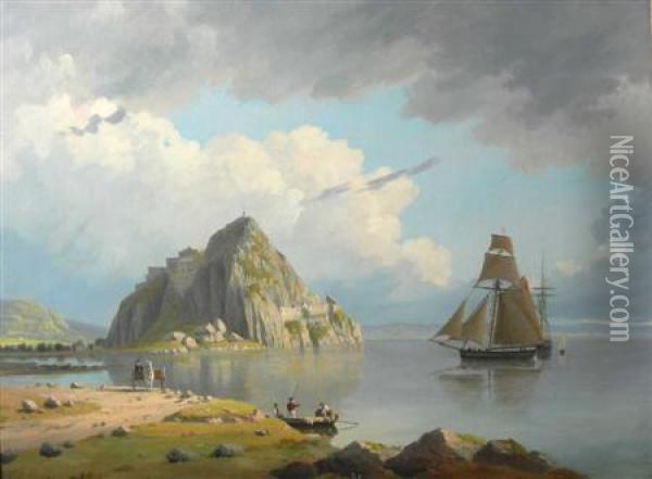 Dumbarton Rock With A Vessel And Figures In The Background Oil Painting - John Knox Ferguson