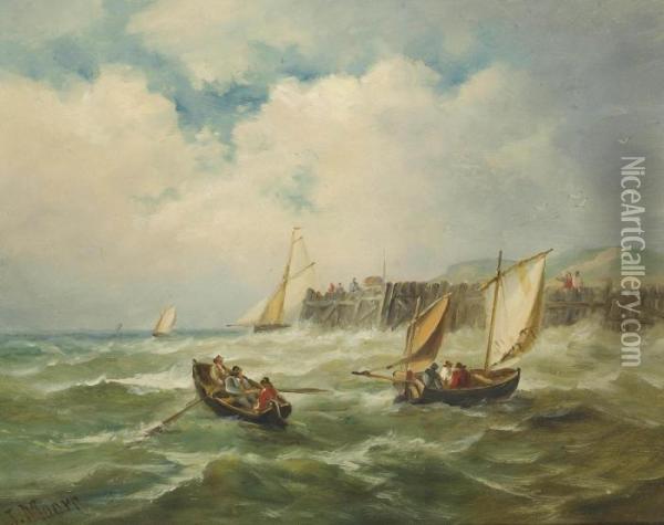Coastal Craft Off A Jetty Oil Painting - John Moore Of Ipswich