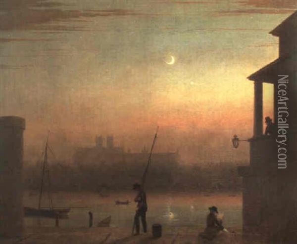 The Thames By Moonlight, With Westminster Abbey And The Old Houses Of Parliament From Lambeth Oil Painting - Thales Fielding