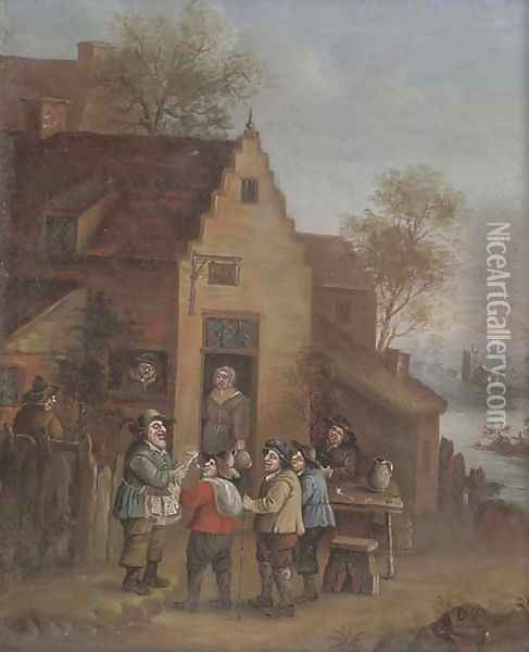 A town crier outside an inn Oil Painting - David The Younger Teniers