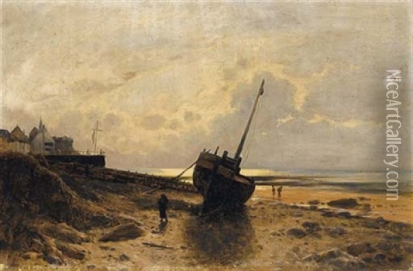 Bateau Echoue Sur Une Plage A Maree Basse Oil Painting - Gustave Eugene Castan