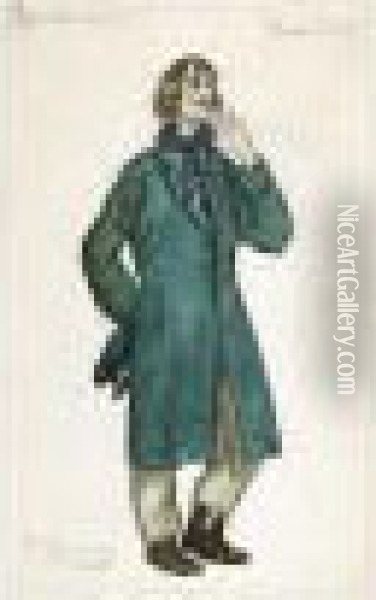Costume Design For An Old Merry-maker In A Green Overcoat Oil Painting - Boris Kustodiev