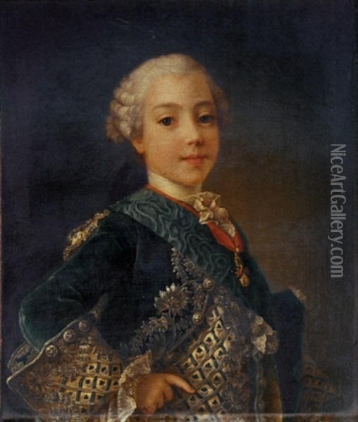 Portrait Of A Young Gentleman (comte D'artois, Later King Charles X Of France?), In A Blue Velvet Coat With The Sash Of The Order Of Saint Esprit And The Order Of The Golden Fleece Oil Painting - Louis Michel van Loo