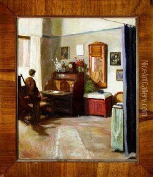 A German Interior With A Young Man Standing At A Desk Oil Painting - Willibald Krain