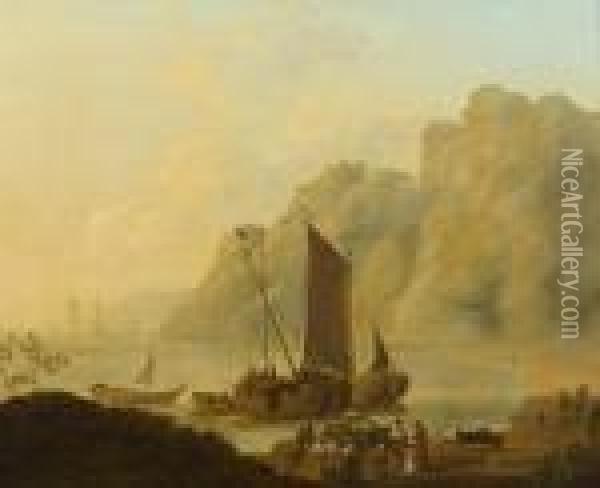 Unloading Ships Before A Rocky Headland Oil Painting - George Morland