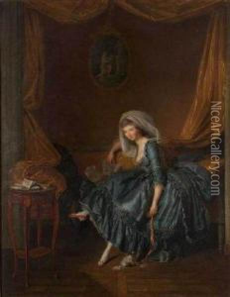 Jeune Femme Tenant Sa Correspondance Dans Son Boudoir Oil Painting - Louis Rolland Trinquesse