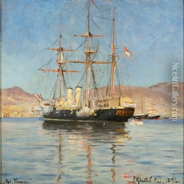 The Frigate St. Thomas In Piraeus Habour Oil Painting - Peder Mork Monsted