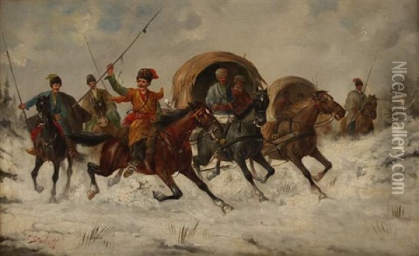 Russische Reiter Und Wagenkolonne In Winterlicher Landschaft Oil Painting - Adolf (Constantin) Baumgartner-Stoiloff