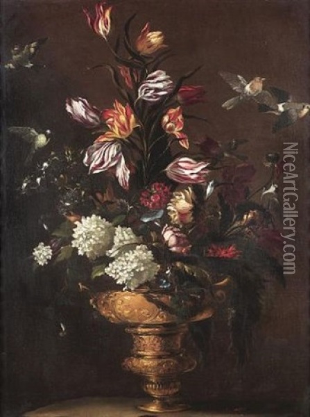 Tulips, Hydrangeas, A Peony, A Poppy And Other Flowers In A Moulded Bronze Urn On A Stone Ledge With A Blue Tit, A Chaffinch And A Robin Oil Painting - Giuseppe Recco