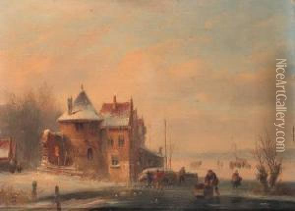 A Frozen Waterway With Skaters Passing A Fortified Mansion With Akoek En Zopie Beyond Oil Painting - Jacobus Van Der Stok