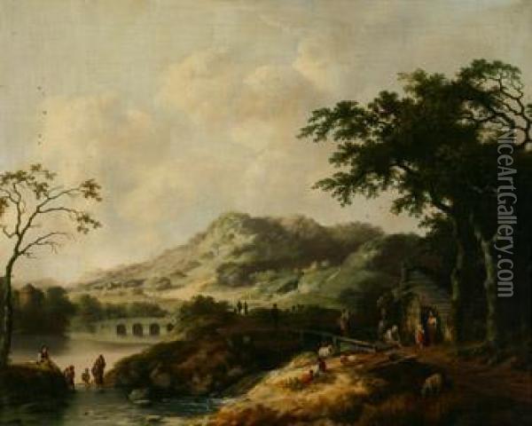 Figures At Work And Play Along A River Oil Painting - Christoffel Frederik Franck