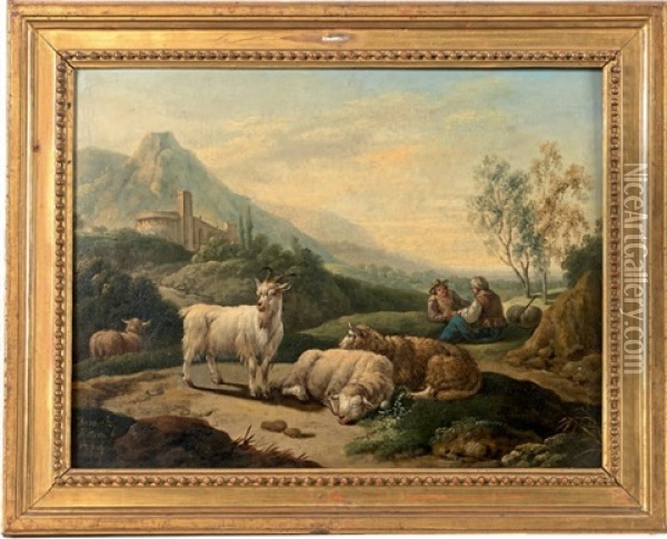 Bergers Avec Des Chevres Et Des Moutons (2 Works) Oil Painting - Joseph Roos