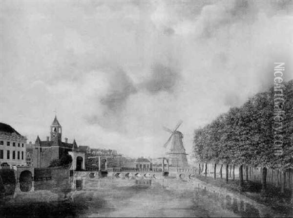 View Of The Leydsche Poort On The Singelgracht, Amsterdam, With The Stadsschouwberg On The Left, The Roomolen Beyond, And The Leidse Bosje On The Right Oil Painting - J. Schepens