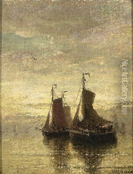 Anchored Fishing Boats At Dusk Oil Painting - Hendrik Willem Mesdag
