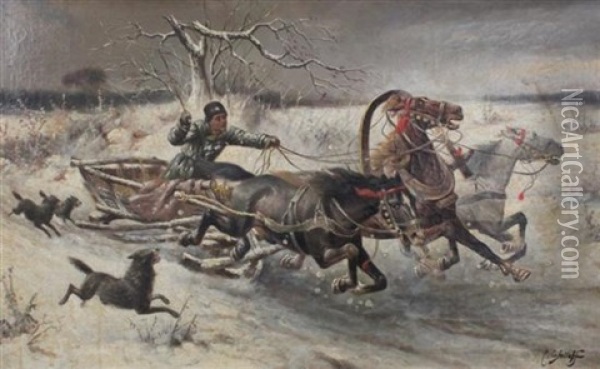 Troika Chased By Wolves Oil Painting - Adolf (Constantin) Baumgartner-Stoiloff