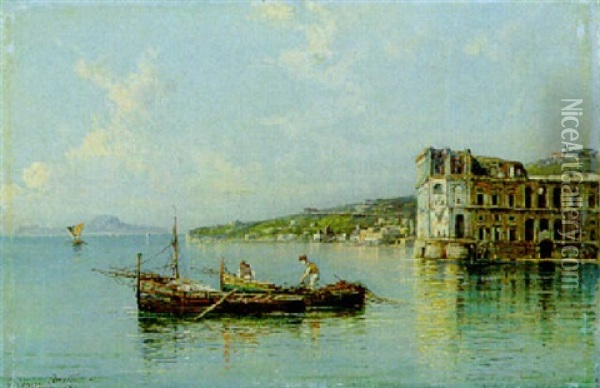 Pescatori A Palazzo Donn'anna Oil Painting - Giuseppe Carelli