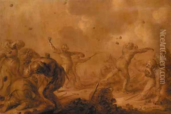 Quiste Kolen Boors fighting over a basket with coals - en brunaille Oil Painting - Adriaen Pietersz. Van De Venne